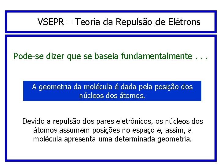 VSEPR – Teoria da Repulsão de Elétrons Pode-se dizer que se baseia fundamentalmente. . VSEPR – Teoria da Repulsão de Elétrons Pode-se dizer que se baseia fundamentalmente. .