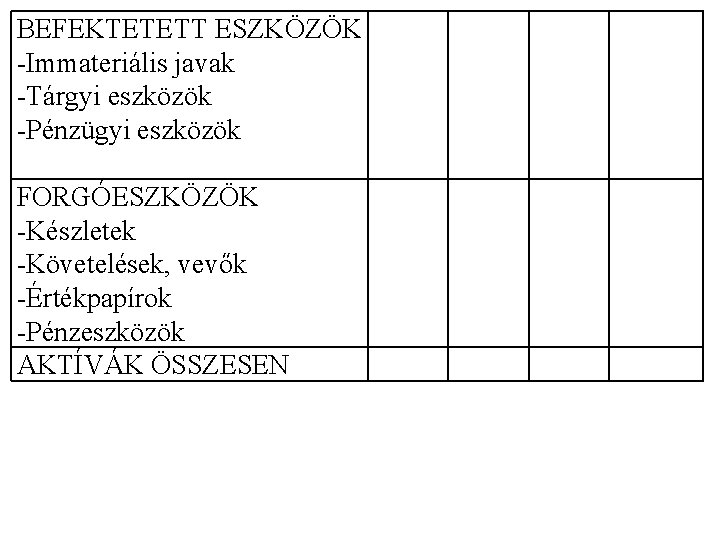 BEFEKTETETT ESZKÖZÖK -Immateriális javak -Tárgyi eszközök -Pénzügyi eszközök FORGÓESZKÖZÖK -Készletek -Követelések, vevők -Értékpapírok -Pénzeszközök