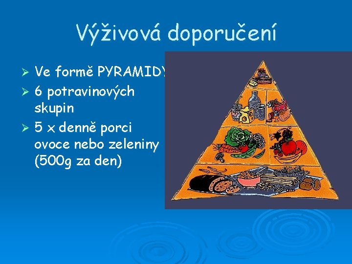 Výživová doporučení Ve formě PYRAMIDY Ø 6 potravinových skupin Ø 5 x denně porci