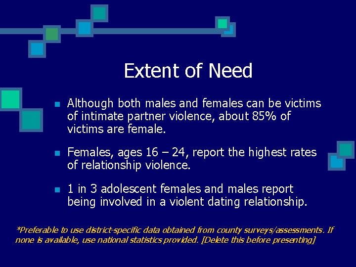 Extent of Need n Although both males and females can be victims of intimate