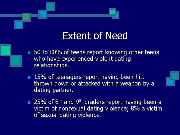 Extent of Need n 50 to 80% of teens report knowing other teens who