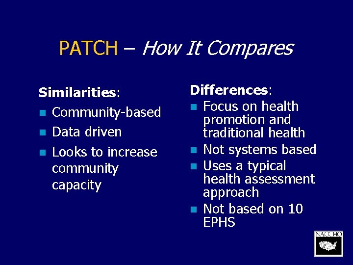 PATCH – How It Compares Similarities: n Community-based n Data driven n Looks to