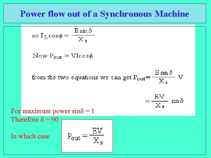 Power flow out of a Synchronous Machine For maximum power sind = 1 Therefore