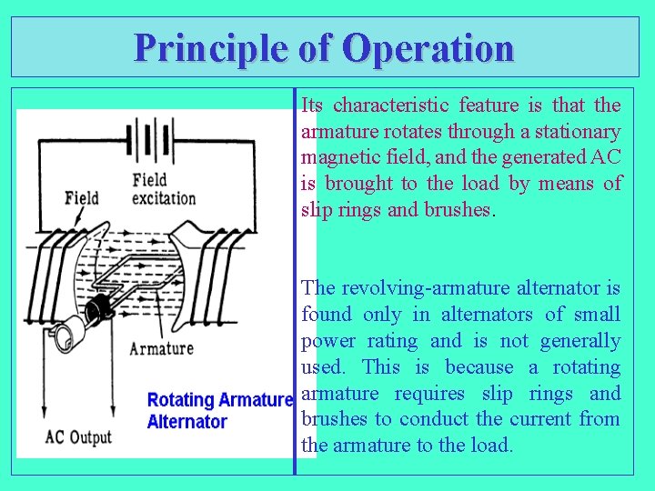 Principle of Operation Its characteristic feature is that the armature rotates through a stationary