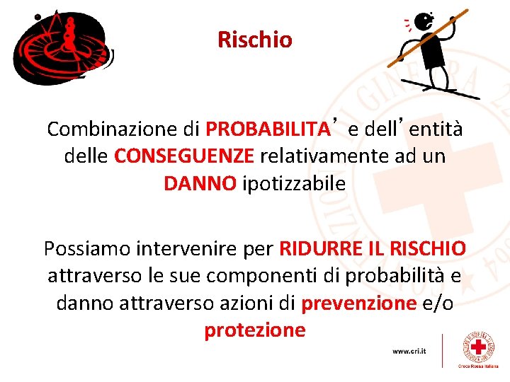 Rischio Combinazione di PROBABILITA’ e dell’entità delle CONSEGUENZE relativamente ad un DANNO ipotizzabile Possiamo