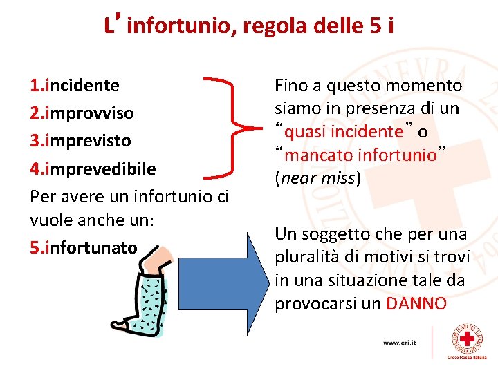 L’infortunio, regola delle 5 i 1. incidente 2. improvviso 3. imprevisto 4. imprevedibile Per