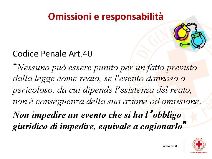 Omissioni e responsabilità Codice Penale Art. 40 “Nessuno può essere punito per un fatto