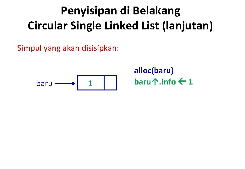 Penyisipan di Belakang Circular Single Linked List (lanjutan) Simpul yang akan disisipkan: baru 1
