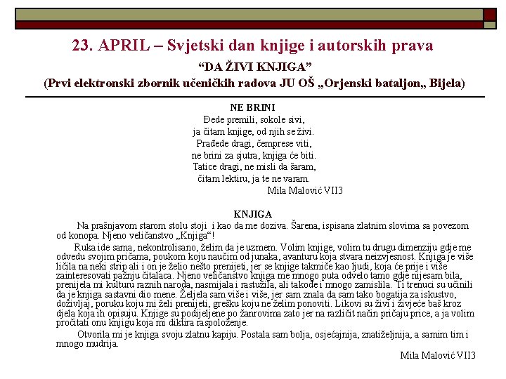 23. APRIL – Svjetski dan knjige i autorskih prava “DA ŽIVI KNJIGA” (Prvi elektronski