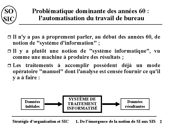 SO SIC Problématique dominante des années 60 : l'automatisation du travail de bureau Il