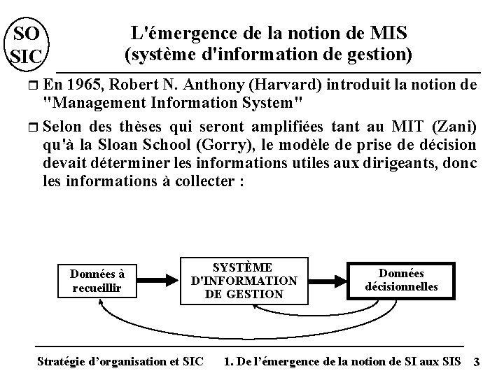 L'émergence de la notion de MIS (système d'information de gestion) SO SIC En 1965,