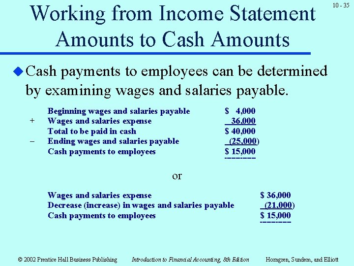 Working from Income Statement Amounts to Cash Amounts 10 - 35 u Cash payments Working from Income Statement Amounts to Cash Amounts 10 - 35 u Cash payments