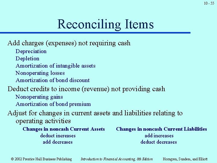 10 - 55 Reconciling Items Add charges (expenses) not requiring cash Depreciation Depletion Amortization 10 - 55 Reconciling Items Add charges (expenses) not requiring cash Depreciation Depletion Amortization