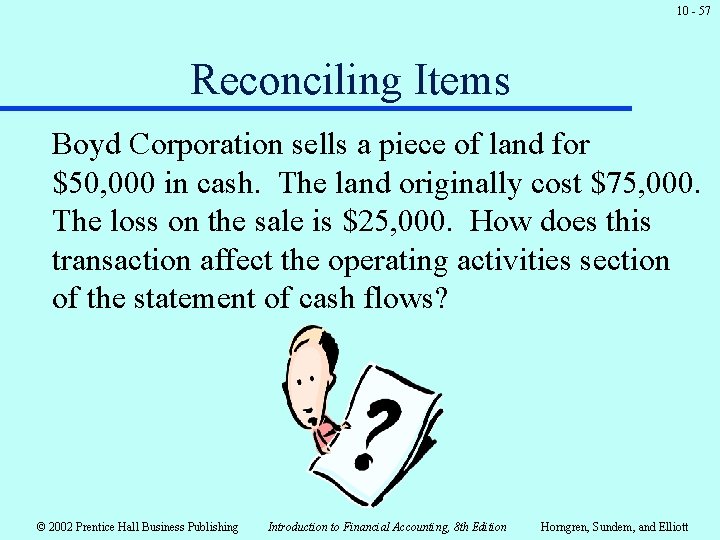 10 - 57 Reconciling Items Boyd Corporation sells a piece of land for $50, 10 - 57 Reconciling Items Boyd Corporation sells a piece of land for $50,
