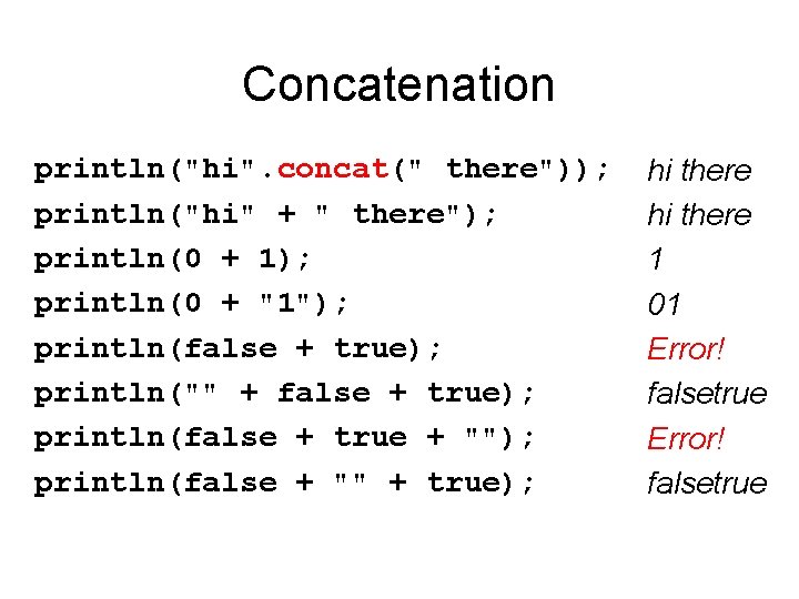 Concatenation println("hi". concat(" there")); println("hi" + " there"); println(0 + 1); println(0 + "1");