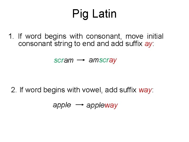 Pig Latin 1. If word begins with consonant, move initial consonant string to end