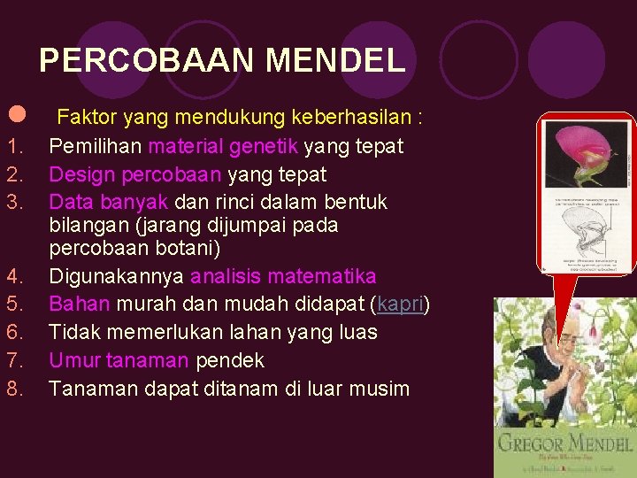 PERCOBAAN MENDEL l 1. 2. 3. 4. 5. 6. 7. 8. Faktor yang mendukung
