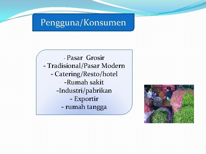 Pengguna/Konsumen - Pasar Grosir - Tradisional/Pasar Modern - Catering/Resto/hotel -Rumah sakit -Industri/pabrikan - Exportir