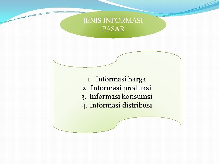 JENIS INFORMASI PASAR 1. Informasi harga 2. Informasi produksi 3. Informasi konsumsi 4. Informasi