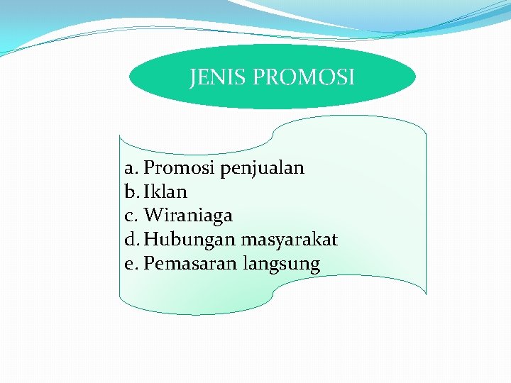 JENIS PROMOSI a. Promosi penjualan b. Iklan c. Wiraniaga d. Hubungan masyarakat e. Pemasaran