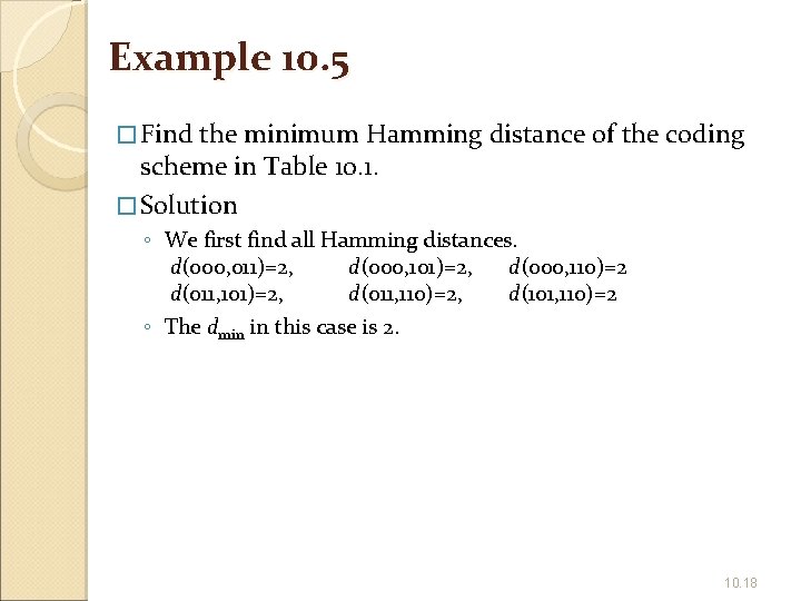 Example 10. 5 � Find the minimum Hamming distance of the coding scheme in