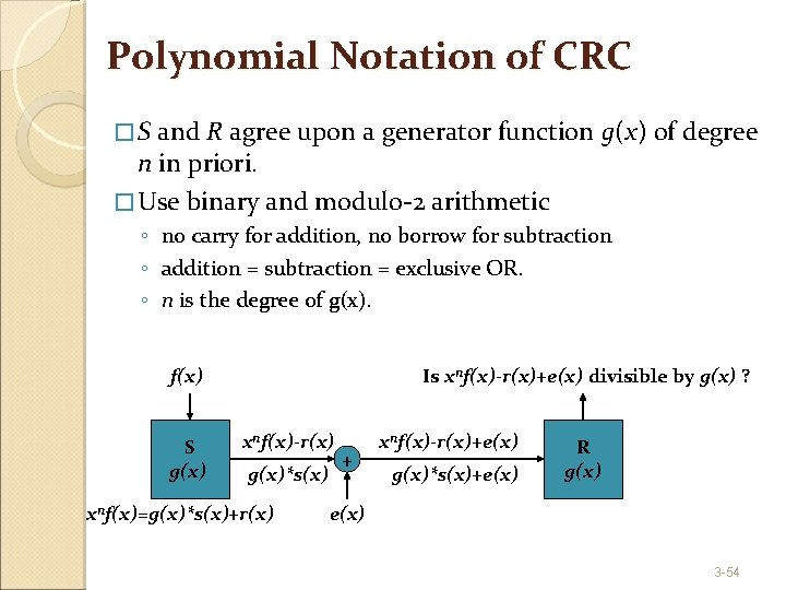 Polynomial Notation of CRC �S and R agree upon a generator function g(x) of
