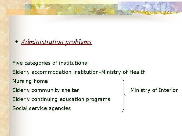 w Administration problems Five categories of institutions: Elderly accommodation institution-Ministry of Health Nursing home