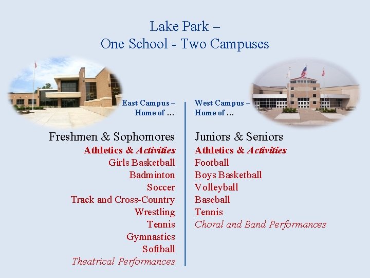 Lake Park – One School - Two Campuses East Campus – Home of …