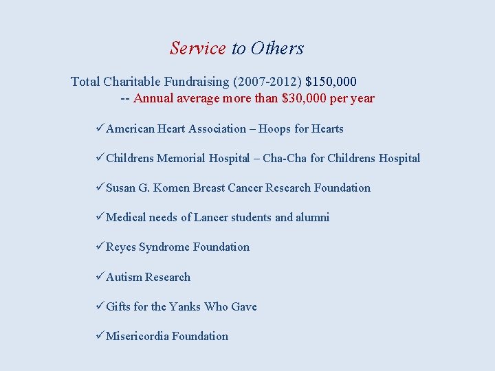 Service to Others Total Charitable Fundraising (2007 -2012) $150, 000 -- Annual average more