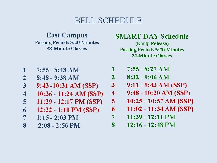 BELL SCHEDULE East Campus Passing Periods 5: 00 Minutes 48 -Minute Classes 1 2