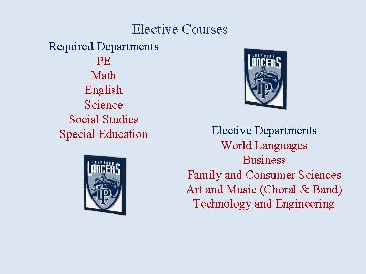 Elective Courses Required Departments PE Math English Science Social Studies Special Education Elective Departments