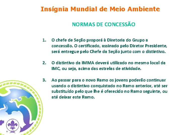 Insígnia Mundial de Meio Ambiente NORMAS DE CONCESSÃO 1. 2. 3. O chefe de