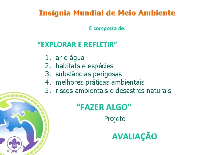 Insígnia Mundial de Meio Ambiente É composta de: “EXPLORAR E REFLETIR” 1. 2. 3.