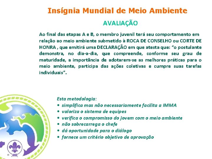 Insígnia Mundial de Meio Ambiente AVALIAÇÃO Ao final das etapas A e B, o