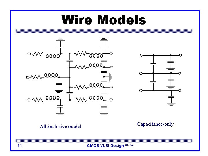 Wire Models Capacitance-only All-inclusive model 11 CMOS VLSI Design 4 th Ed. 