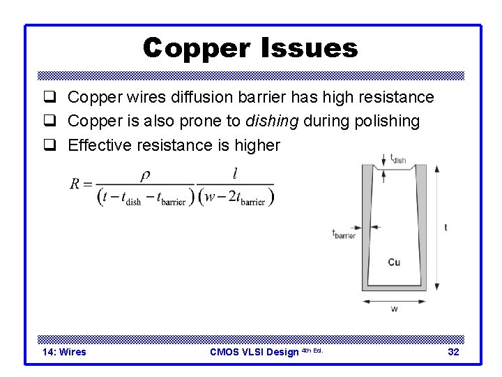 Copper Issues q Copper wires diffusion barrier has high resistance q Copper is also