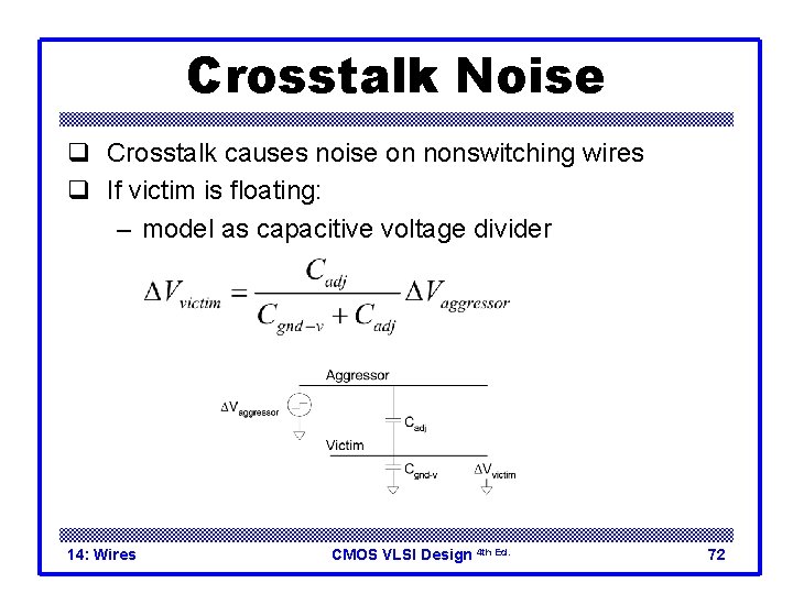 Crosstalk Noise q Crosstalk causes noise on nonswitching wires q If victim is floating: