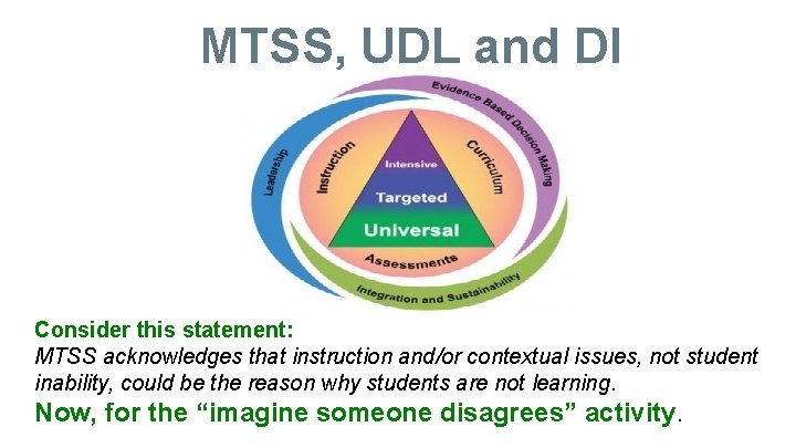 MTSS, UDL and DI Consider this statement: MTSS acknowledges that instruction and/or contextual issues,