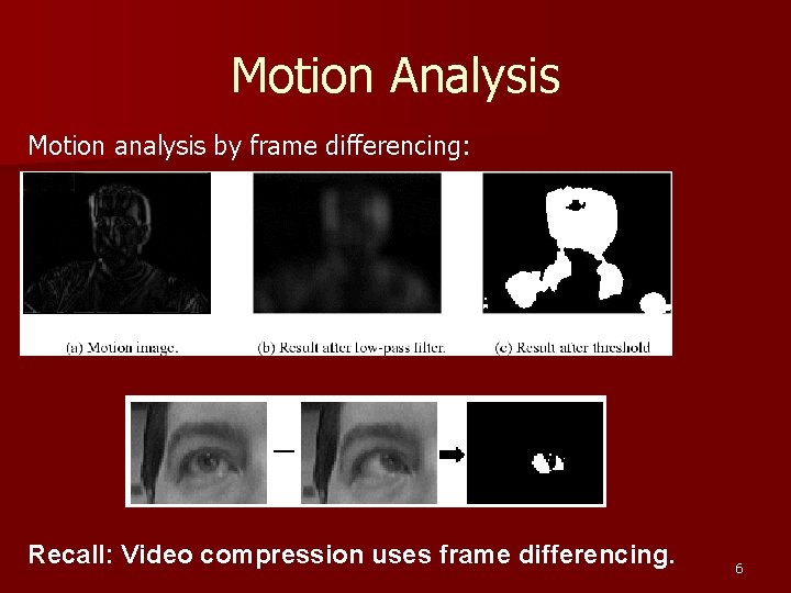 Motion Analysis Motion analysis by frame differencing: Recall: Video compression uses frame differencing. 6