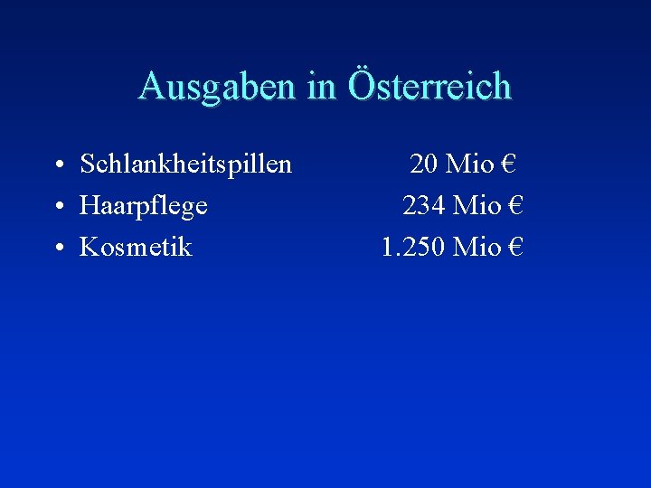 Ausgaben in Österreich • Schlankheitspillen 20 Mio € • Haarpflege 234 Mio € •