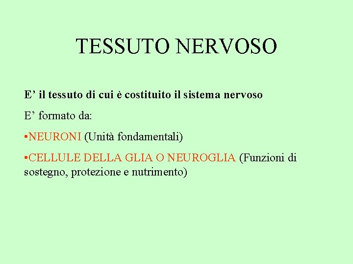 TESSUTO NERVOSO E’ il tessuto di cui è costituito il sistema nervoso E’ formato TESSUTO NERVOSO E’ il tessuto di cui è costituito il sistema nervoso E’ formato
