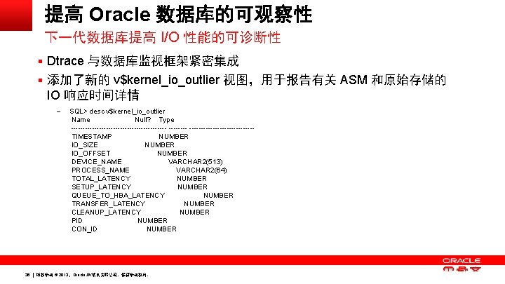 提高 Oracle 数据库的可观察性 下一代数据库提高 I/O 性能的可诊断性 § Dtrace 与数据库监视框架紧密集成 § 添加了新的 v$kernel_io_outlier 视图,用于报告有关 ASM 提高 Oracle 数据库的可观察性 下一代数据库提高 I/O 性能的可诊断性 § Dtrace 与数据库监视框架紧密集成 § 添加了新的 v$kernel_io_outlier 视图,用于报告有关 ASM