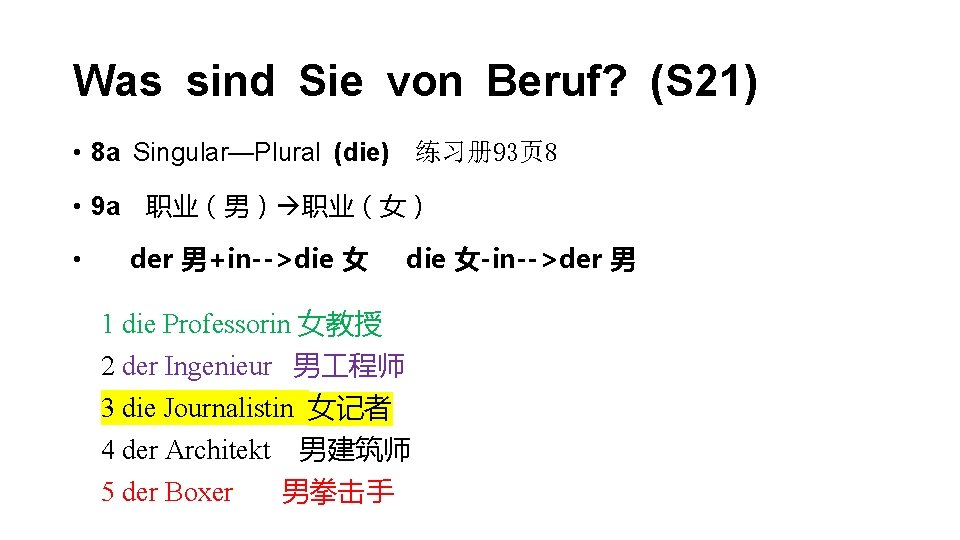 Was sind Sie von Beruf? (S 21) • 8 a Singular—Plural (die) 练习册93页 8