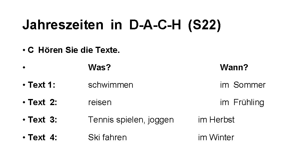 Jahreszeiten in D-A-C-H (S 22) • C Hören Sie die Texte. • Was? Wann?