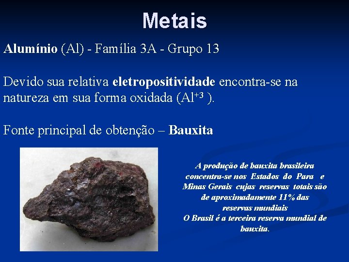 Metais Alumínio (Al) - Família 3 A - Grupo 13 Devido sua relativa eletropositividade