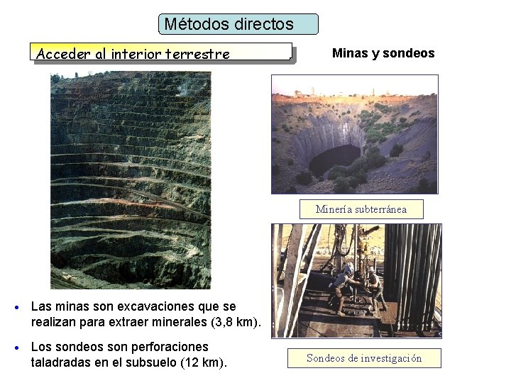 Métodos directos Acceder al interior terrestre Minas y sondeos Minería subterránea Las minas son Métodos directos Acceder al interior terrestre Minas y sondeos Minería subterránea Las minas son