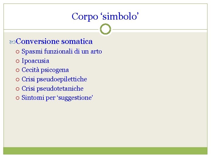 Corpo ‘simbolo’ Conversione somatica Spasmi funzionali di un arto Ipoacusia Cecità psicogena Crisi pseudoepilettiche