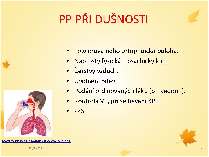PP PŘI DUŠNOSTI • • Fowlerova nebo ortopnoická poloha. Naprostý fyzický + psychický klid.