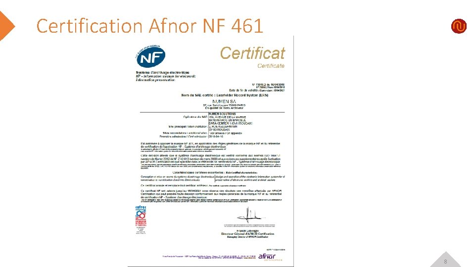 Certification Afnor NF 461 8 