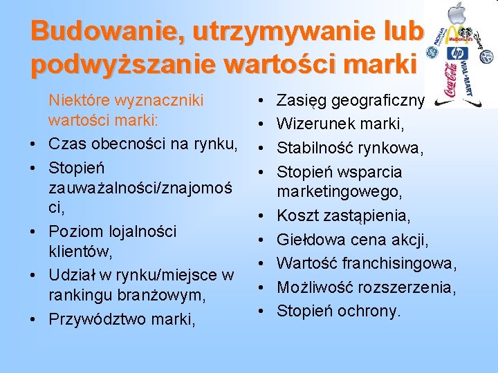 Budowanie, utrzymywanie lub podwyższanie wartości marki • • • Niektóre wyznaczniki wartości marki: Czas